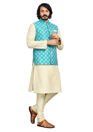 Men's Jacquard Kurta Pajama with Nehru Jacket Set-S / Torquoise