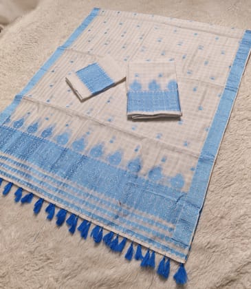 Ready-To-Wear Cotton Checks* Mekhela Sador-WhitexBlue