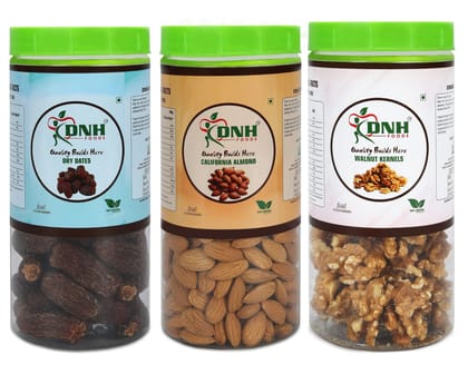 DRY FRUITS COMBO 750 GRAMS PACK 250G X 3 PC DATES ALMONDS WALNUT - Rich in Antioxidants, Strengthens Bones, Aids Metabolism