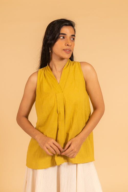 Moralfibre Over Lapping V Neck Incut Sleeve Top From "Shapes Collection " - Mustard-S