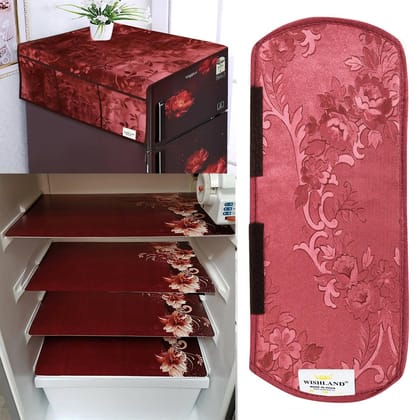 WISHLAND Double Door Fridge Cover Combo Set of 1 Fridge Cover + 1 Fridge Handle Cover + 4 Multipurpose Fridge Mats (Brown)