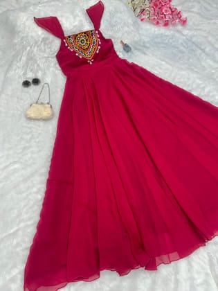 Amazing Navratri Style Mirror With Kodi Work Pink Color Gown-XS