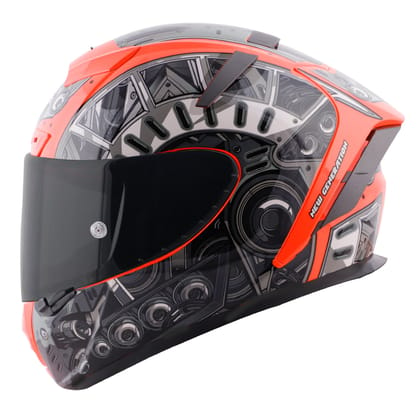 Steelbird SA-2 Terminator 2.0 ISI Certified Full Face Graphic Helmet for Men and Women (Glossy Fluo Red Grey with Smoke Visor))-Medium 580 MM