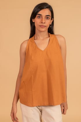 Moralfibre V Neck Incut Sleeves Top With Elasticated Side Panel From "Shapes Collection " - Golden Brown-S