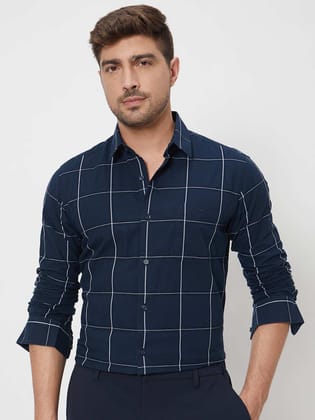 Mufti Navy Windowpane Check Slim Fit Casual Shirt