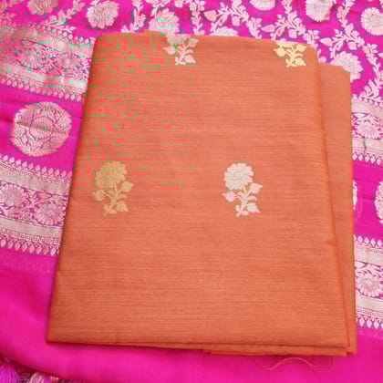 Rust orange moonga silk kurta, pink georgette dupatta