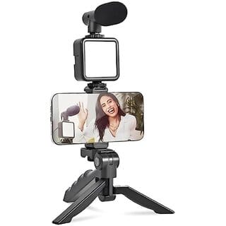 Digimate Foldable Mobile Vlogging Kit with Microphone Tripod Stand and LED Light Vlogging Mobile Tripod Kit (Black, Supports Up to 1500)