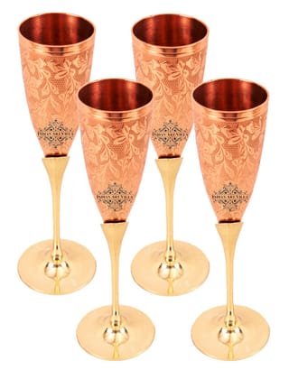 Indian Art Villa Set of 4 Copper Brass Leaf Designed Champange Glasses- 150 ml each - Serving Champange, Wine - Hotels, Bars, Cocktail Parties, Gift Item, Barware, Drinkware