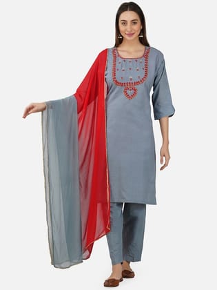 Ethnic Motifs Embroidered Thread Work Pure Cotton Kurta With Trousers & Dupatta