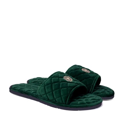 Women's Green Full Quilted Stitched Super Soft Italian Velvet Slide-in Slippers By Brune & Bareskin-36/3