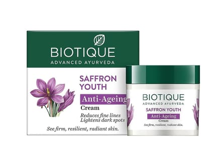 biotique bio saffron youth dew visible ageless moisturizer for all type skin cream 50 gm