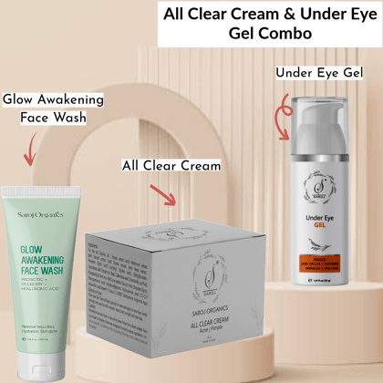 All Clear Cream  and under eye gel Combo for acne , pimples, dark circles, puffiness for men and women