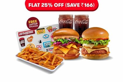 FLAT 25% on Lord Cheesynator & Veg Nachoburg + Piri Piri Fries + 2 Coke