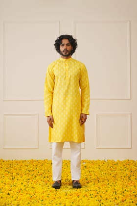 Men's Cotton Floral printed kurta Pyjama Set-S / Yellow