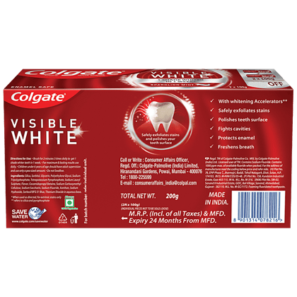 Colgate Visible White Teeth Whitening Toothpaste, Protects Enamel, Removes Stains, With Whitening Accelerators, 100G X 2 (Saver Pack)