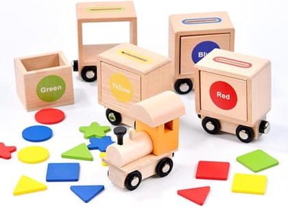 Wooden Magnetic Train Playset, Shape and Color Recognition Color Wooden Train, Montessori Toys
