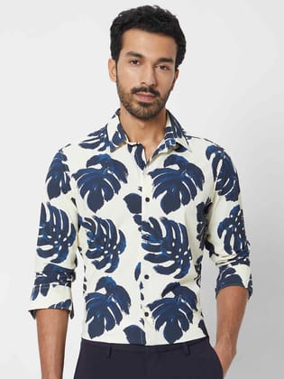 Mufti White Leaf Print Slim Fit Casual Shirt