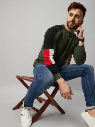 Gritstones Men Olive Green Full Sleeve Cotton Color Block T-Shirt
