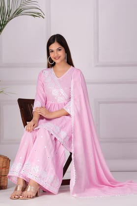 Pink Embroidered Kurta Sharara Set with Dupatta-M-38