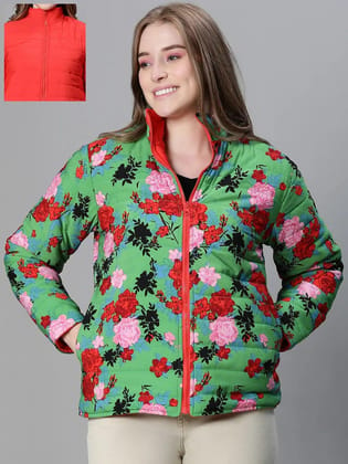 Women Green Floral Print Zip Lined Long Sleeve Reversible Jacket-S