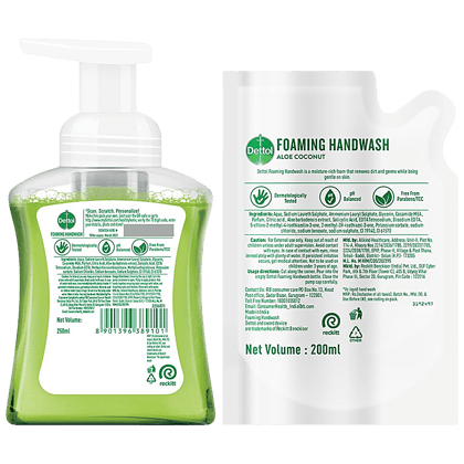 Dettol Foaming Handwash Pump + Refill Combo, Aloe Coconut Rich Foam Moisturizing Hand Wash Soft On Hands, 250Ml + 200Ml