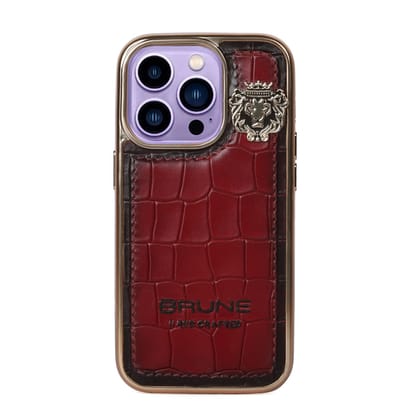 Wine Leather Mobile Cover with Golden Rim Croco Textured Metal Lion Logo by Brune & Bareskin-15Pro