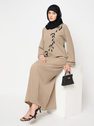 Nabia Beige Solid Luxury Abaya Burqa For Women With Hand Work Detailing-XS / 56