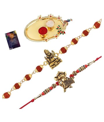 Paola Rakhi  Rudraksh Shiv Ji With Classic  Look GANESH JI Rakhi  For Bhaiya With Roli Chawal And Greeting Card 1 Kankawati Pooja Thali - None