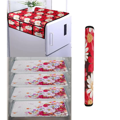 WISHLAND Single Door Fridge Cover Combo Set pf 1 Fridge Top Cover + 1 Fridge Handle Cover + 4 Multipurpose Fridge Mats (Red)