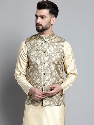 Men's Woven Design Nehru Jacket-S / Beige