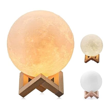 SMARTCAM 10 cm 3D Rechargeable Moon Lamp with Touch Control Adjust Brightness with Wooden Stand 3D Print for rakshabandhan Gift for Sister Home Decoration 1 Unit - 2 Colors (Warm White, Cool White)