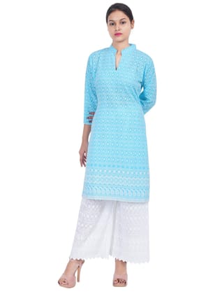 Trendzmy Women Sky Blue Chicken Embroidered Straight Kurta-L / Blue Lagoon