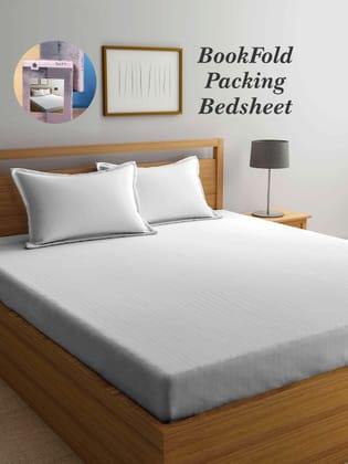 Bookfold White Striped 300 TC King Bedsheet With 2 Pillow Covers