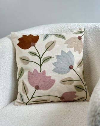 Lotus Flower Embroidered Cushion Cover- 16x16 inches