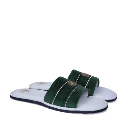 Women's Green Velvet Strap White Leather Slide-in Slippers by BRUNE & BARESKIN-36/3