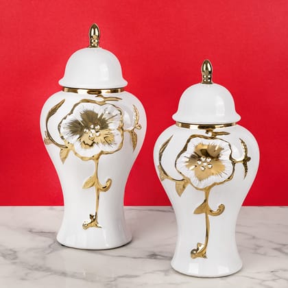 Verdant Gold Harmony Decorative Ceramic Vase And Showpiece - Pair-BIG - HEIGHT - 18 INCHES & WIDTH - 8.5 INCHES AND SMALL - HEIGHT - 15 INCHES & WIDTH - 7 INCHES / Ceramic / Available