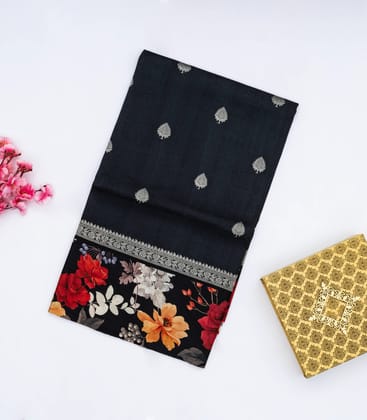 Black Handloom Tussar Silk Saree With Floral Buttas & Printed Border-Black