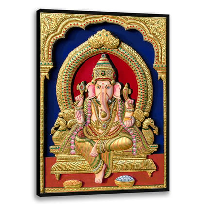 Ganesha Tanjore Art, 3D Effect, Tanjore Wall Art, Tanjore Hindu God Art-8x10 (Framed) inches