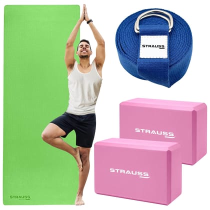 STRAUSS Yoga Starter Kit 6mm Green EVA Yoga Mat 2 EVA Foam Pink Yoga Blocks Blue Yoga BeltIdeal for Yoga  workout-STRAUSS Yoga Starter Kit| 6mm Green EVA Yoga Mat| 2 EVA Foam Pink Yoga Blocks| Bl