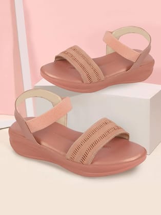 Women Pink Open Toe Platform Woven Design Slip On Sandals-3