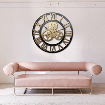 Modern Circular Wall Clock with Vintage Style | Large Gear | Home Décor - India-Black & Golden