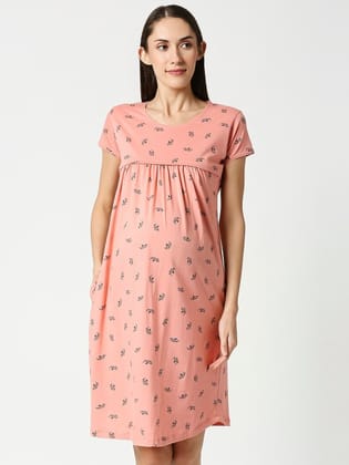 Women Peach Pure Cotton Printed Maternity Nightdress