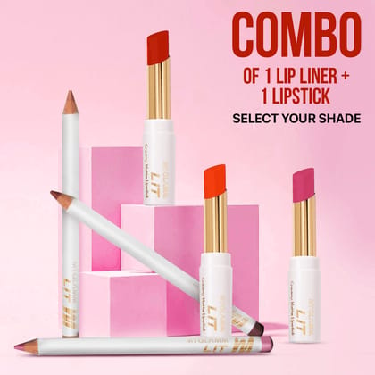 MyGlamm Combo of LIT Creamy Matte Lipstick + LIT Matte Lipliner Pencil | Long Lasting, Creamy, Slim Lipstick & Hydrating, Pigmented Lip liner