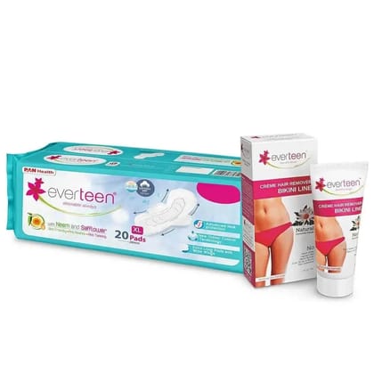 everteen Combo: Bikini Line Hair Remover Creme Natural 50g and 20 XL Neem Safflower Sanitary Pads-With Dry XL Pads