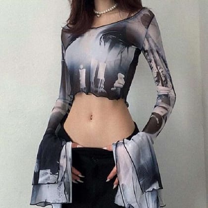 90s Gothic Printed Crop Top-Black / S