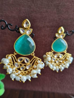 Monalisa Stone and White Polki Gold Plated Earring | Sarichka-Mint Blue+White PLK