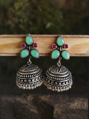 Premium Quality Oxidised Ethnic Jhumka Earrings with Ghungroo | Sarichka-Green+Red