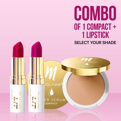 MyGlamm Combo of Super Serum Compact + LIT Satin Matte Lipstick | Skin-Perfecting Hydrating Compact Powder &  Long Lasting, 3D Matte Finish Lipstick