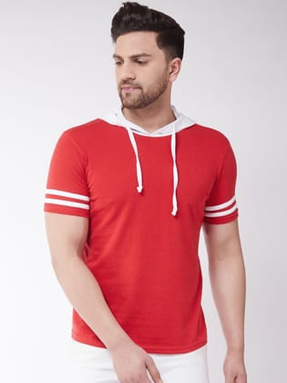 Gritstones Striped Men Hooded Neck Red, White T-Shirt