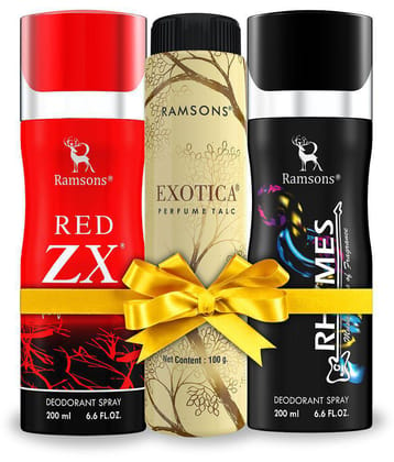 RAMSONS Deo Talc Combo | 1 Red ZX Deodorant Spray - 200ml | 1 Rhymes Deodorant Spray - 200ml | 1 Exotica Perfume Talc - 100gm | Combo Pack Of 3